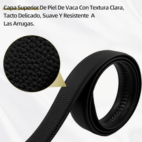 FEFLO Men's Leather Belt, Elegant Black Buckle Ratchet Automatic Closure Leather Without Holes Belt, Width 35 mm, Size Adjustable, Suitable for Suit Jeans