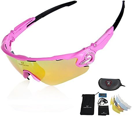 TOPTOTN Polarized Sports Sunglasses With Interchangeable Lenes for Men Women Cycling Running Driving Fishing Golf Baseball Glasses (Pink)