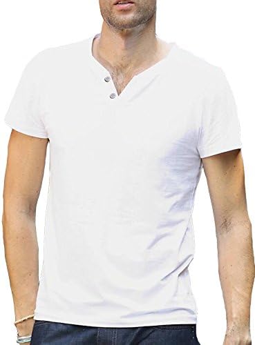 Men T-Shirts Summer Casual V-neck Button Short Sleeve Tees (US Medium, White)