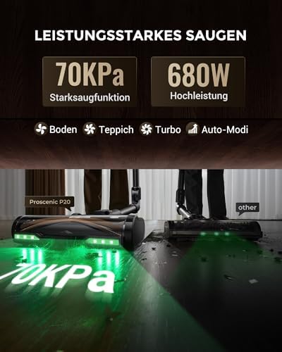 P20 Staubsauger mit Wischfunktion, 680 W 70 kPa 70 Min Akku Staubsauger Kabellos, Selbststehend mit Wandladestation, Anti-Tangle,6 Schichten Filter, für Teppich Tierhaare Hartböden