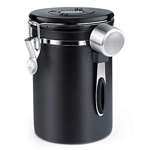 Zwoos Koffieblik luchtdicht – koffiebonen blik van roestvrij staal met CO2-ventiel – met maatlepel – 1,8 l (zwart)