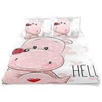COVOSA Duvet Cover Set Greeting Card Cute Cartoon Pink Hippo Decorative 3 Piece Bedding Set with 2 Pillow Shams Soft Bedding Set with Zipper Closure