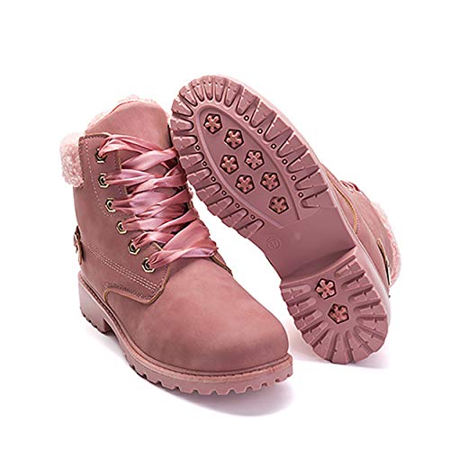 Susanny Women's Warm Snow Boots Ankle Lace up Short Combat Boot Slip on Winter Low Heel Fur Booties Pink - Thumbnail 3