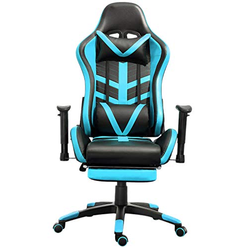 Samincom High Back Large Size PU Leather Gaming Chair Racing Style Chair Office Chair Executive and Ergonomic Style Swivel Chair with Extra Soft Headrest & Lumbar Cushion & Footrest (Black/Lake Blue) - Thumbnail 2