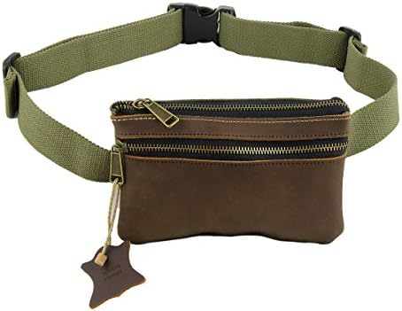 Mens Unisex Slim Profile Brown Cowhide Distressed Leather 16 Oz Canvas Fanny Fannie Hip Pack Waist Belt Bag + Carabiner