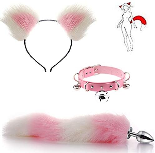 Furry Stainless Fox Tail & Cat Headband Bell Choker Set 3Psc with Anale Plug Toys for Unisex (White&Pink)