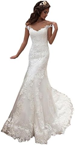 Irenwedding Women's Deep Neck Applique Lace Fishtail Button Long Wedding Dress Ivory US2