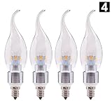 4-Pack of Hyperikon® LED Candle 3-Watt (30-Watt), Flame Tip Chandelier Bulb, Silver Housing, Candelabra Base (E12), 2700K (Warm Glow®), 340°-Beam Angle, Dimmable, UL-Listed