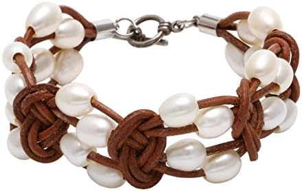 Yunhan Multi Strand Pearl Bracelet Fashion Jewelry on Genuine Leather Cord Toggle Clasp 7.5''