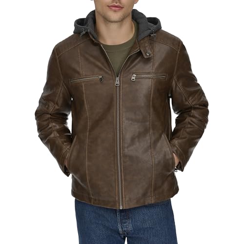 Levis Mens Faux Leather Hooded Racer Jacket, Saddle, L