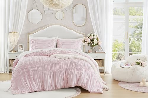 Photo 1 of *** VERRY USED** Intelligent Design Queen Comforter Set Ruched Shabby Chic Comforters for Queen Size Bed, All Season Lightweight Comforter Queen, French Country Bedding Set, Shams, Ella, Full/Queen, Pink 3 Piece