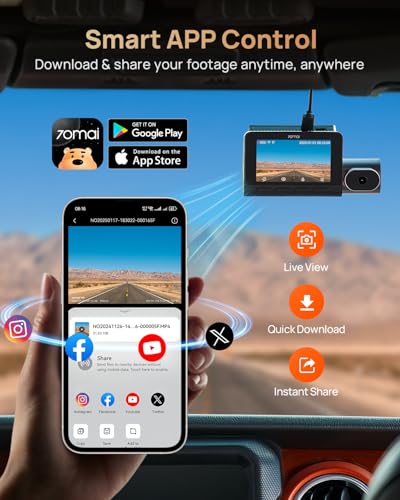 70mai 4K T800 3 Channel Dash Cam Front and Rear Inside (2160P+2160P+1080P), STARVIS 2 IMX678, HDR Night Vision, Dash Camera for Cars with 512GB Card, WiFi 6, 4G LTE, ADAS, 24H Parking Mode