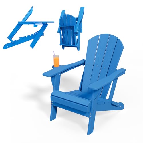 Patio Kingdom Folding Adirondack Chairs with Cup Holders, Set of 6 HDPE Plastic Outdoor Chairs, Weather Resistant, Real Wood Look, Heavy-Duty Patio Furniture for Deck, Fire Pit, Backyard, Blue