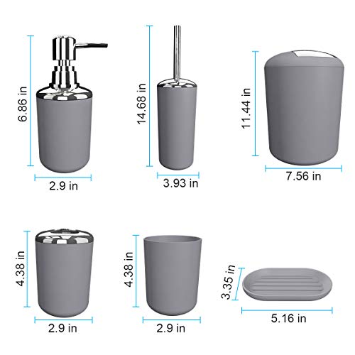 TEKITSFUN Grey Bathroom Accessories Set, 6 Pieces Plastic Gift Bath Accessory Sets Luxury Ensemble Includes Toothbrush Holder,Toothbrush Cup,Soap Dispenser,Soap Dish,Toilet Brush Holder,Trash Can