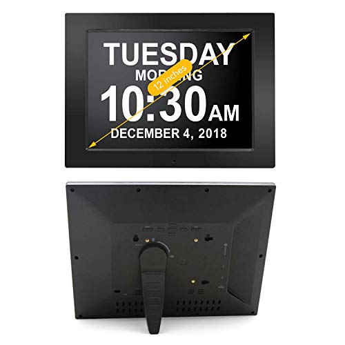 American Lifetime [Newest Version 12 Inch Day Clock - Extra Large Impaired Vision Digital Clock with Battery Backup & 5 Alarm Options - Black