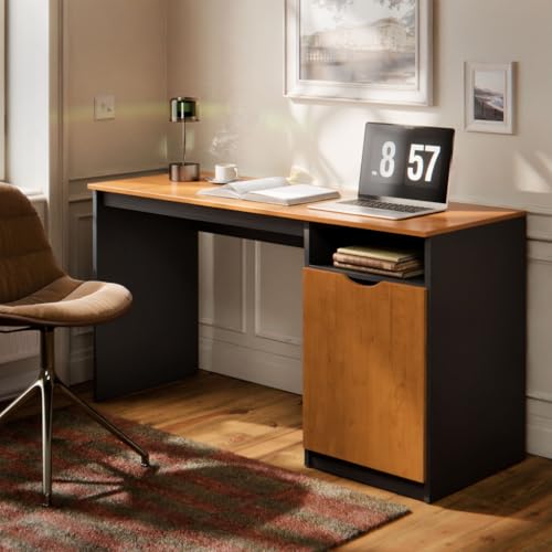 Escrivaninha de Estudo e Trabalho em MDF Compacta, Mesa para Home Office com Nicho Aberto e Armário com Porta, Estrutura Resistente para Quarto e Escritório (Nature OFF)