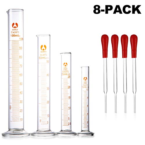 Young4us Glass Cylinders, Pack of 8 Cylindrical Glass Measuring & Glass Droppers Set, 4 Graduated Cylinders in 4 Sizes with Scales, 100ml, 50ml, 25ml, 10ml, 4 Glass Droppers Without Scales (3ml) - Thumbnail 7