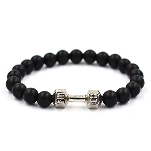 Domika Mens Womens Dumbbell Matt Black Agate Bracelet Energy Stone Bracelet Healing Balancing Round Beads (Silvery)