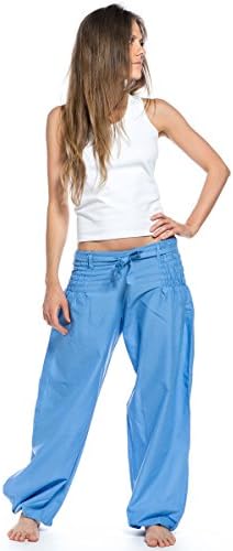 IndiaStyle 100% Cotton Soft Blue Yoga Pants for Women – Yoga Pants with Elastic Waist, Unique Design &amp; Better Reflex (Large - Extra Large, Blue)