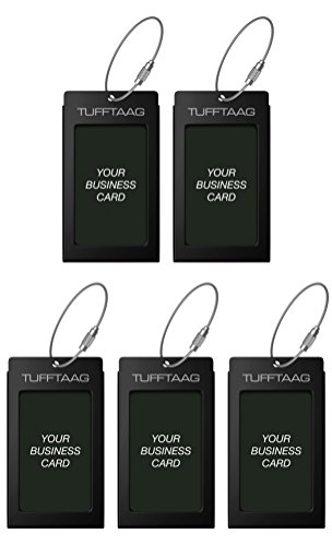 TUFFTAAG Personalized Luggage Tag Set w/ Business Card Holder - Customized Metal Suitcase Labels (5pk Black)