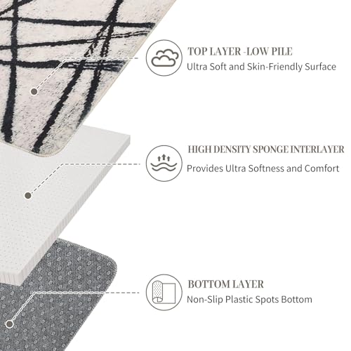 Leesentec Bohemian Artistic Vintage Oriental Living Room Rug, Soft Plush Surface, Vinyl Non-Slip Base, Unique for Living Room, Bedroom, Home Entrance Doormat (Beige/Black Stripes, 160 x 200 cm)