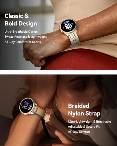 Quican Smart Watches for Women Men, 1.27" AMOLED, Answer/Make Call, Beige | Fitness Watch, Heart Rate/Sleep/SpO2 Monitor, 120+ Sports, 3ATM Waterproof, Android iOS Compatible, 2 Straps, Smartwatch Gift
