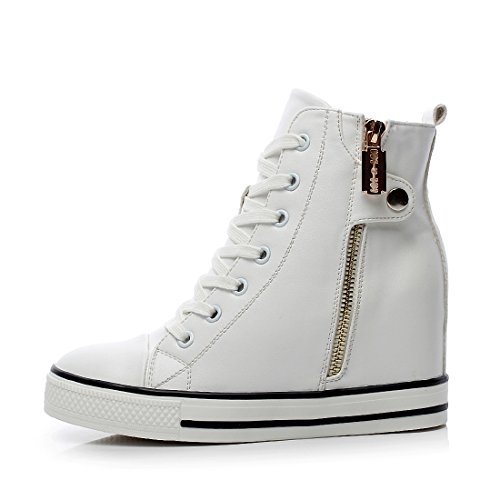 mewow Womens Casual High Top Wedge Hidden Heel Leather Shoes Fashion Sport Sneaker (7.5, White) - Thumbnail 3