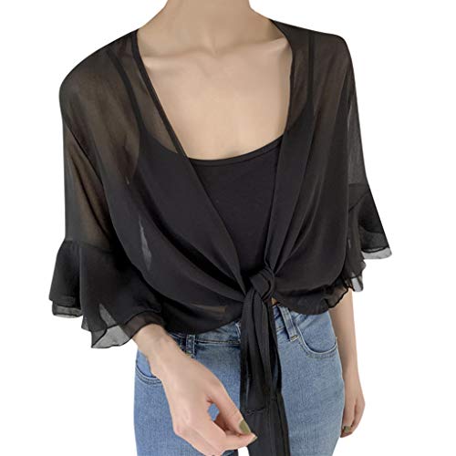 Women Short Ruffle Sleeve Sheer Bolero Tie Front Chiffon Cardigans for Dresses