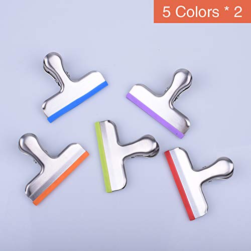 10 Pack Stainless Steel Chip Bag Clips Covered with Silicone - NO SHARP EDGES - 5 Different Colors Perfect for Grip Food Bags and Chip Bags 3 Inches Wide, Air Tight Seal