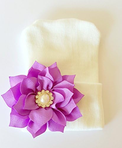 MyPreciousBeanie, Newborn Girl Beanie, Baby Girl Hat, Purple Flower w/ Rhinestone