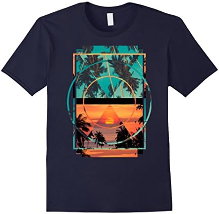Mens Geometric Palms Ocean Sunset Streetwear Graphic T-Shirt XL Navy