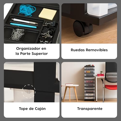 IRIS USA Organizadores de Manualidades y Almacenamiento, Carro de Almacenamiento con Ruedas para Suministros de Aula, Organizador Superior de Cajones para Piezas Pequeñas, 10 Cajones, Negro