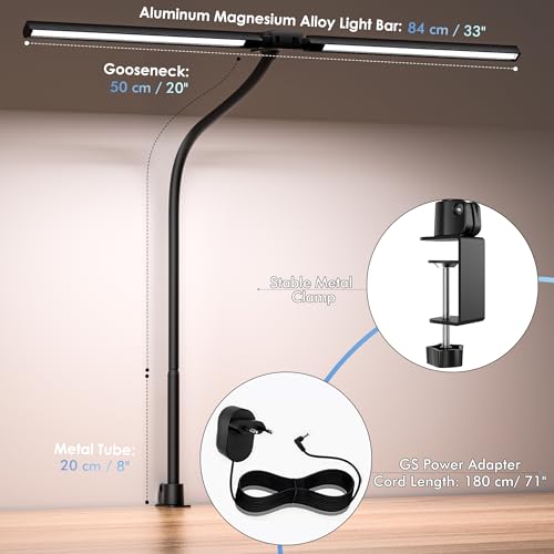 EYOCEAN 24W 80cm Dual Head Clip On Desk Lamp Daylight Desk Lamp with Remote Control Dimmable Monitor Lamp Gooseneck Eye Protection Black