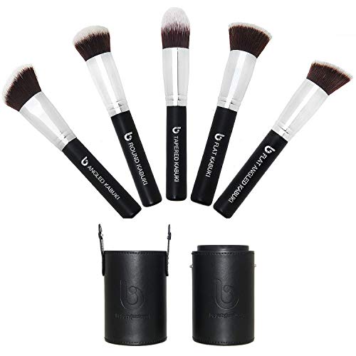 Kabuki Face Makeup Brush Set - Best 5 pc Large Face Brushes with Case for Foundation, Blush, Bronzer, Concealer, Mineral Powder Cosmetic Applicator Soft Dense Synthetic Vegan Brochas de Maquillaje