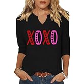 3/4 Sleeve V-Neck Shirts for Women Cute Love Heart Graphic Shirts Valentine's Tops Spring Day Blouse