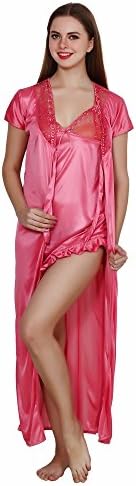 Queen Pretty Women's Satin Nighty with Robe (Pink)