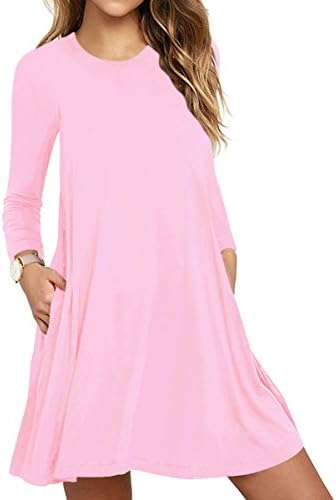 TOPONSKY Women's Plain Long Sleeve Slit Pocket Casual Swing T-Shirt Dresses(M, Pink)