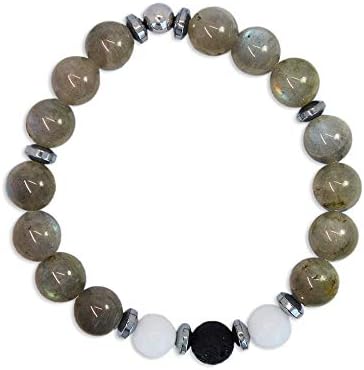 Le Matis LM-BRA-C Men's Bracelet Semi-Precious Elastic Stones Labradorite, White Agate, Silver Hematite Rondelles, Lava Stone Sterling Silver 925 Element