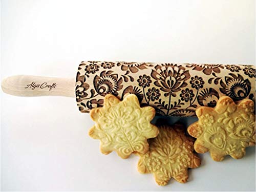 FOLK rolling pin. Wooden embossing rolling pin with folk flowers. Embossed cookies. Pottery. Birthday gift. Gift for mother. Embossing rolling pin - Thumbnail 4