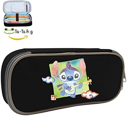 funfun6- Printed Movie Lilo_Stitch students super large capacity canvas pen pouch pencil stationary case Double Zipper-Black