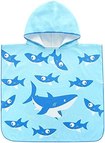 Kids Hooded Beach Towel, Microfiber Wearable Quick Dry Super Absorbent Shark Bathrobe for Children, Bath, Pool, Swimming, Beach Holiday, Blue M