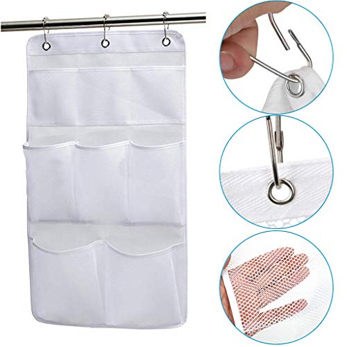 HuiDao Bath Hanging Caddy Shower Hanging Organizer 8 Quick Dry Mesh Pockets Storage Bag with 3 Ring Hooks for Hanging On Bathroom Curtain Rod, 27.5x15.7 Inch (White)
