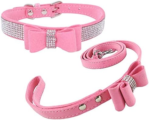 NewtensinaFashion Dog Collar and Lead with Bow Tie Bling Puppy Collar Leash with Bow for Dog - Pink - M