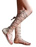 Kattee Women's Comfy Lace Up Flat Knee High Gladiator Sandals Gold Color