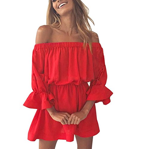 Hot Sale! Women Dress,Canserin Women's Fashion Flare Sleeve Off Shoulder Holiday Dress Ladies Summer Slash Neck Dress (XL, Red)