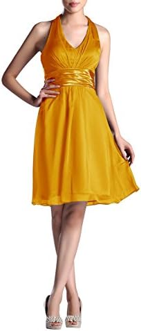 Chiffon Pleated Belt A-line V-neck Knee Length Halter Bridesmaid Cocktail Dress , Color Sunbeam ,26W