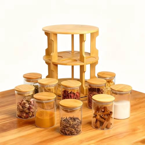 360° Rotating Spice Rack Organizer – 10 Glass Jars (200ml Each) with Bamboo Wooden Stand – Kitchen Countertop Storage Carousel – Space Saving Masala Organizer