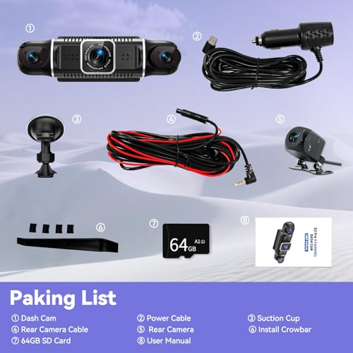 4K Dashcam Car Front Rear 4 Channel Dash Cam with 3 Inch IPS Screen, Free 64GB Card, Dashcam with Parking Monitoring, WDR Night Vision (8 IR LEDs), G-Sensor, Loop Recording, Wireless App Transmission