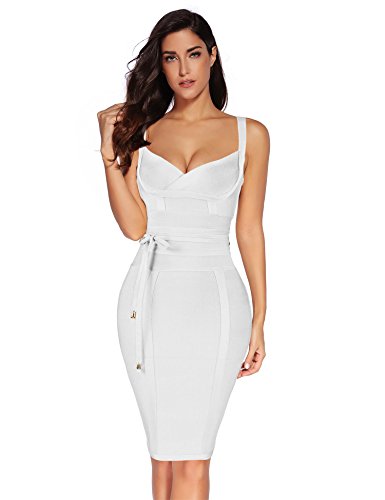 meilun Vestido de Fiesta Ajustado con Detalle de cinturón de rayón para Mujer, Blanco, XL