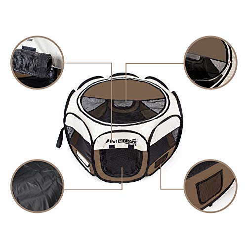 PicassoTiles PET4FUN PN935 Portable Pet Puppy Dog Cat Playpen Crates Kennel w/Water Resistant 600D Oxford, 210D Nylon, Carrying Bag, Collapsible Bowl, Removable Mesh Cover 2 Sizes